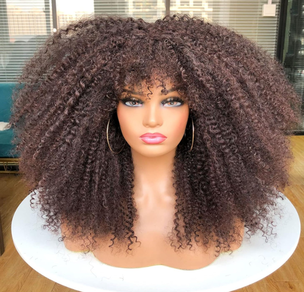 New Long Curly Afro Wig with Bangs Kinky Curly Hair 17 In Mixed Brown Sweece